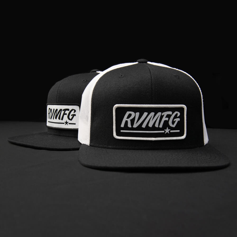 Black wool with white mesh Flat Bill Trucker hat with white and black RVMFG woven patch hats