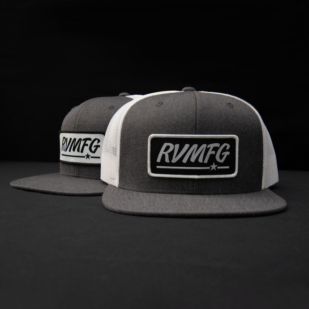 Charcoal wool with white mesh Flat Bill Trucker hat with white and black RVMFG woven patch hats