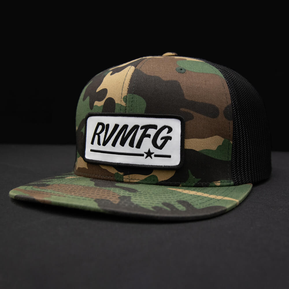 Woodland-Black flat bill trucker hat with White RVMFG patch