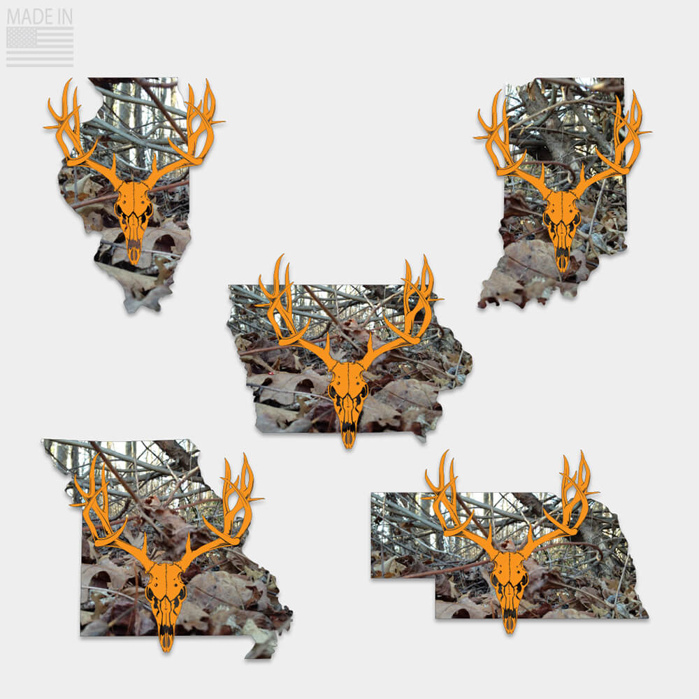 State camo sticker with orange whitetail deer skull