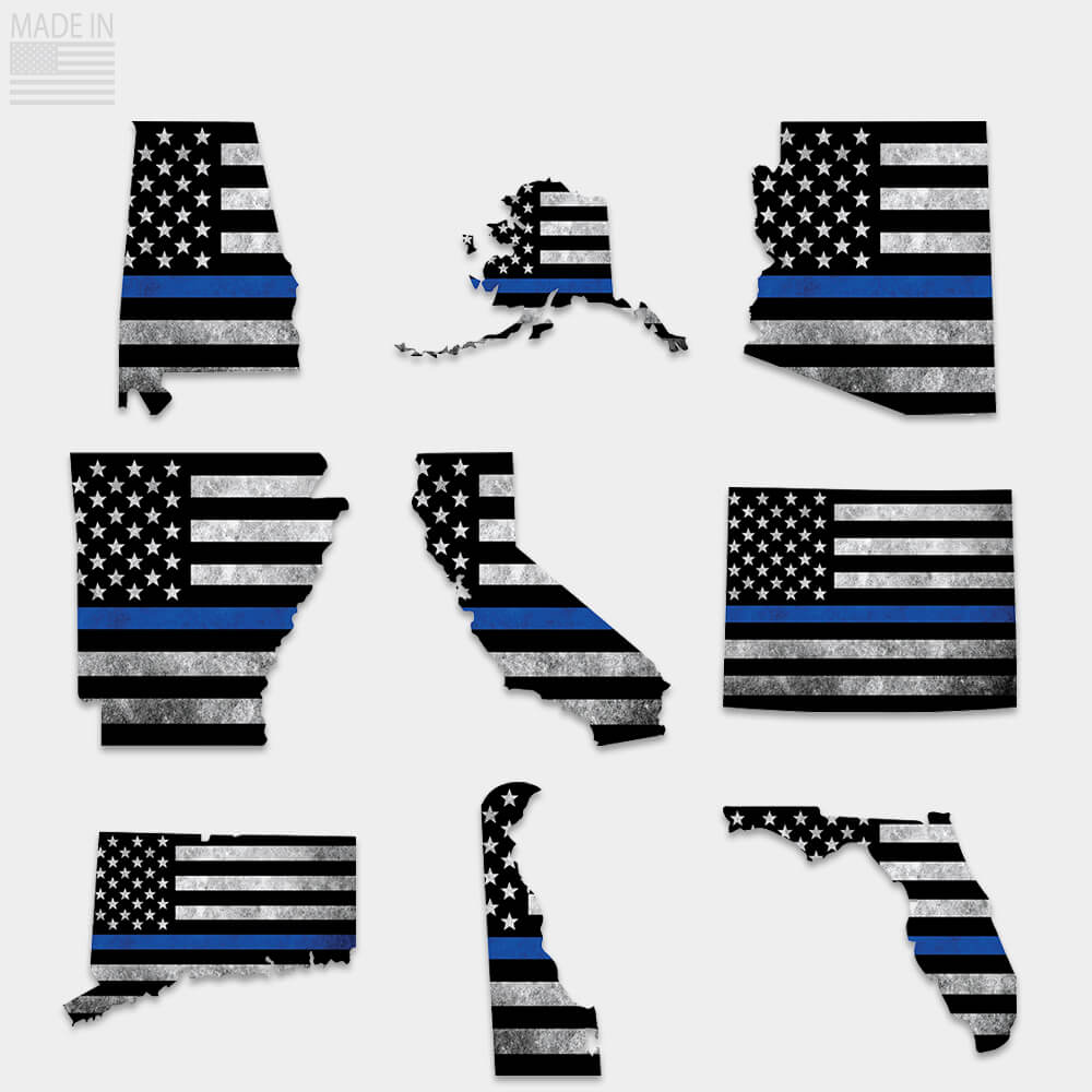 Thin blue line flag stickers inside state outline. Alabama, Alaska, Arizona, Arkansas, California, Colorado, Connecticut, Delaware, Florida