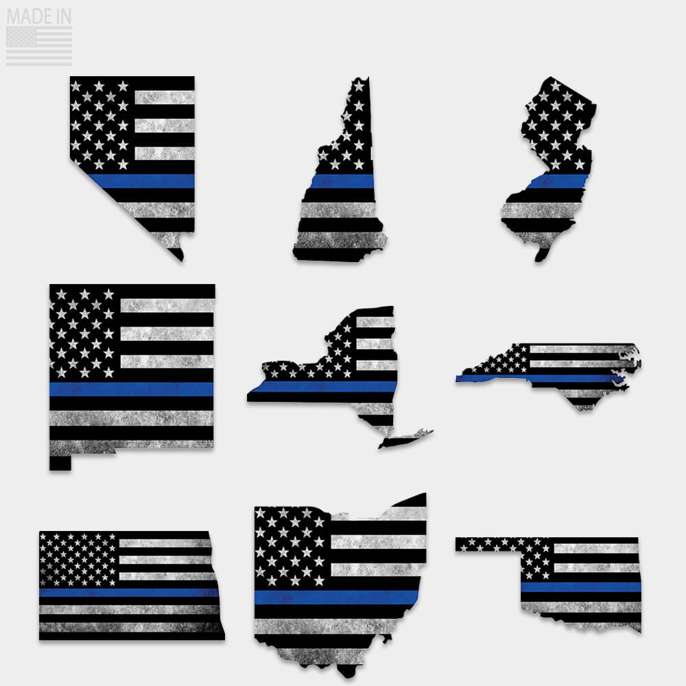 Thin blue line flag stickers inside state outline. Nevada, New Hampshire, New Jersey, New Mexico, New York, North Carolina, North Dakota, Ohio, Oklahoma