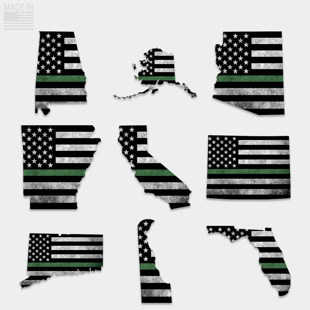 Thin green line state stickers for Alabama, Alaska, Arizona, Arkansas, California, Colorado, Connecticut, Delaware, Florida