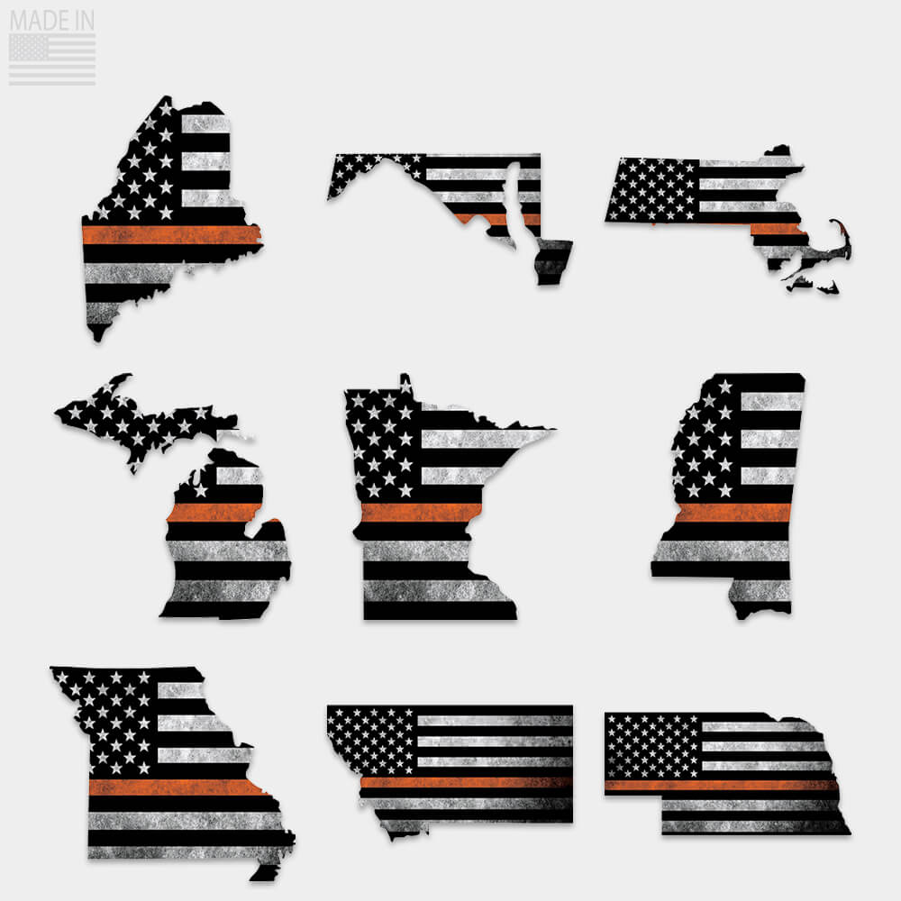 Thin orange line sticker search and rescue state outline Maine, Maryland, Massachusetts, Michigan, Minnesota, Mississippi, Missouri, Montana, Nebraska