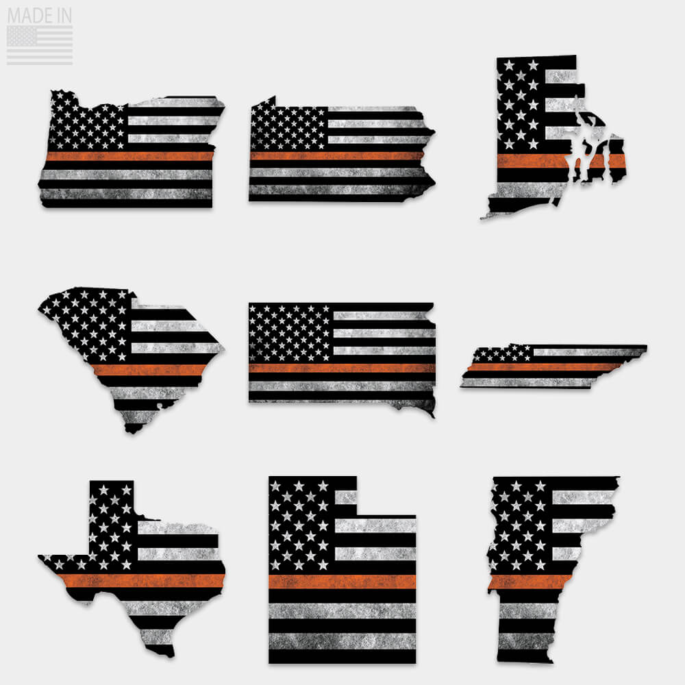 Thin orange line search and rescue stickers for Oregon, Pennsylvania, Rhode Island, South Carolina, South Dakota, Tennessee, Texas, Utah, Vermont