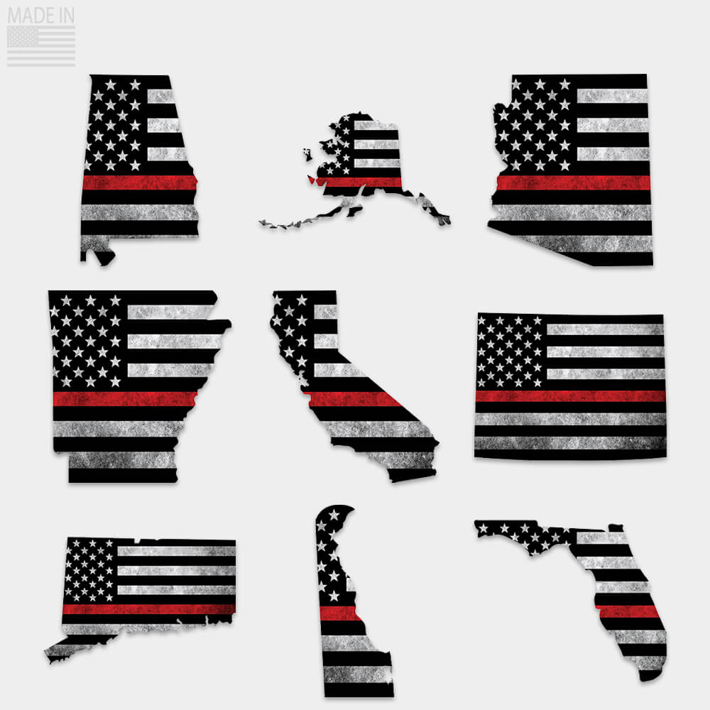 Thin red line state stickers. Alabama, Alaska, Arizona, Arkansas, California, Colorado, Connecticut, Delaware, Florida