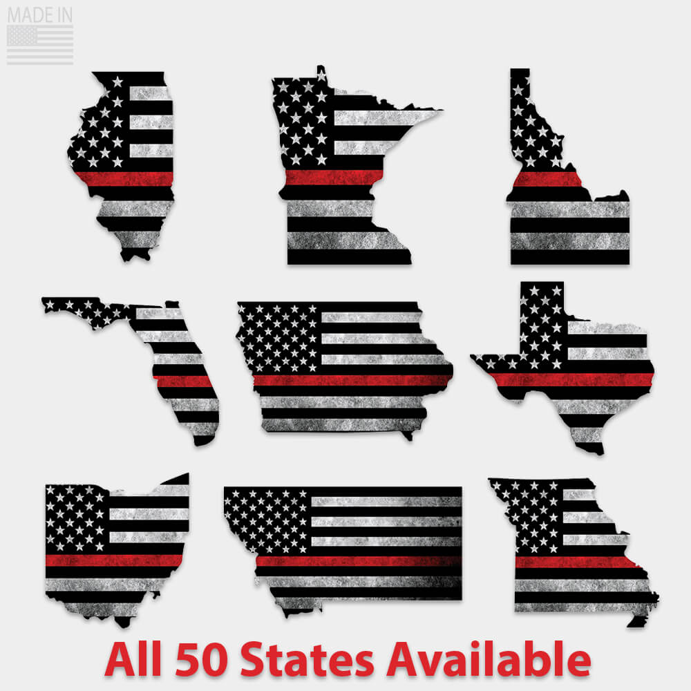 Thin red line flag stickers US States. American made thin red line flag stickers