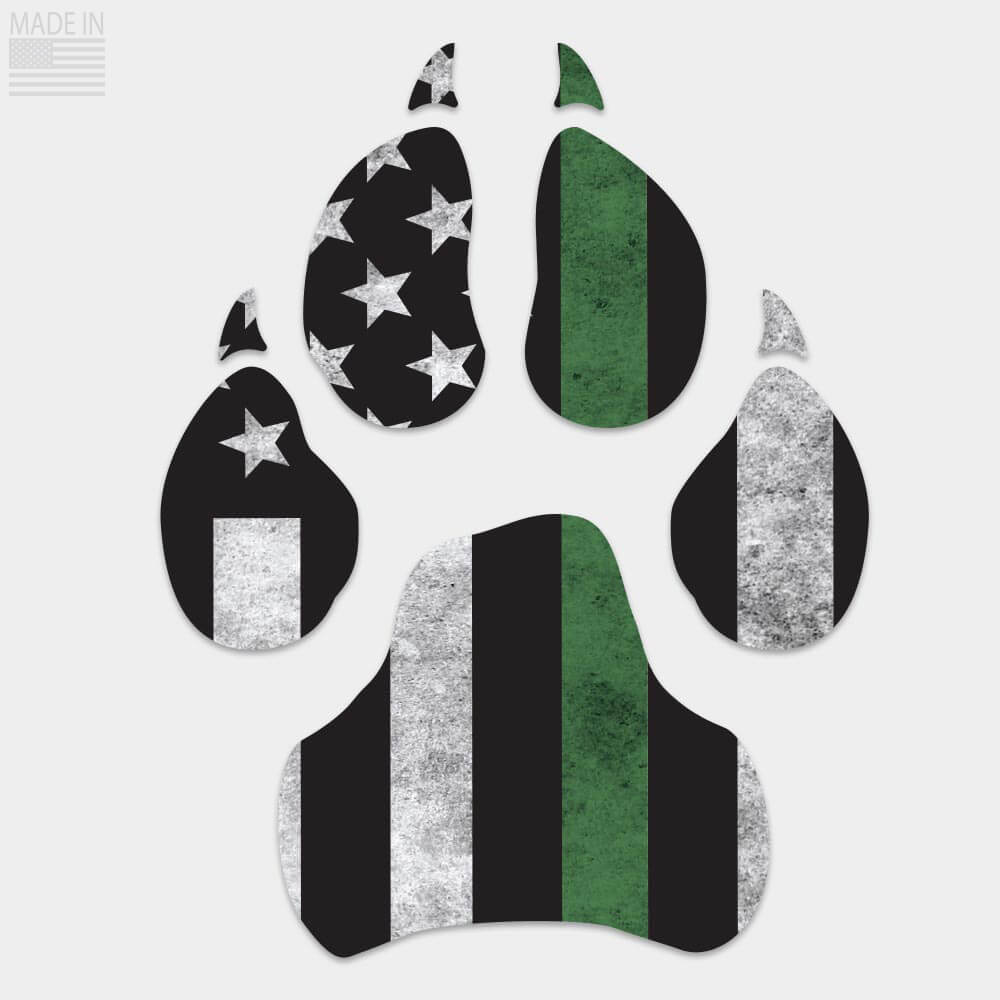 Die cut Thin Green Line Dog Paw decal with vertical flag