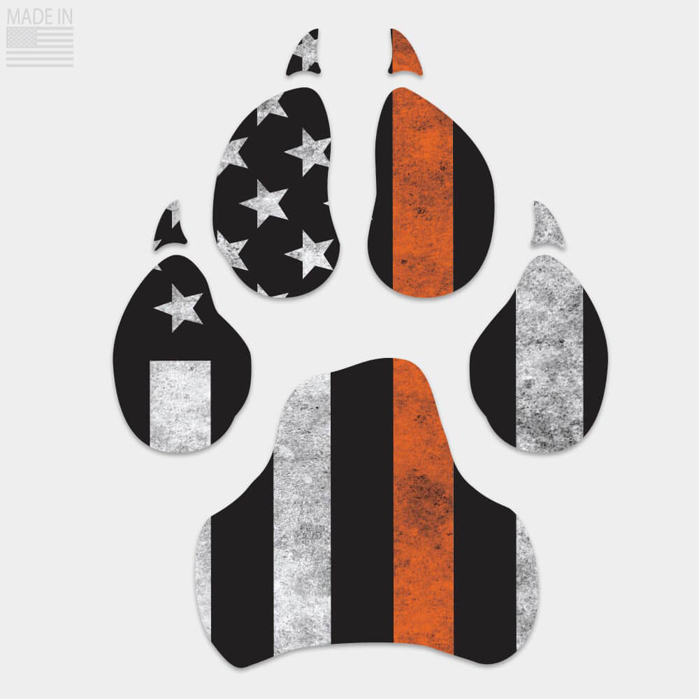 Distressed Thin Orange Line dog paw decal with vertical flag