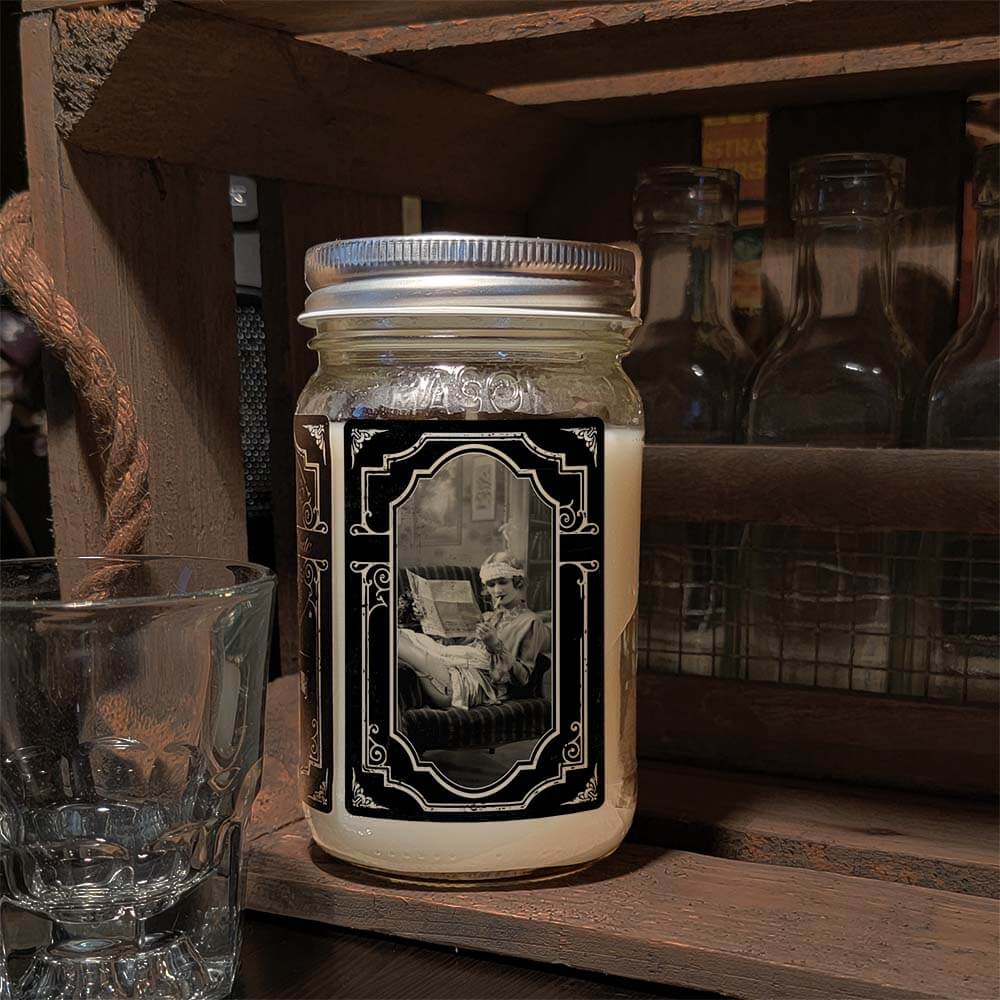 16 oz Mason Jar Vintage Collection Candle - Dollface scent - Handcrafted in the USA-Prohibition Era inspired designs-side image flapper girl smoking