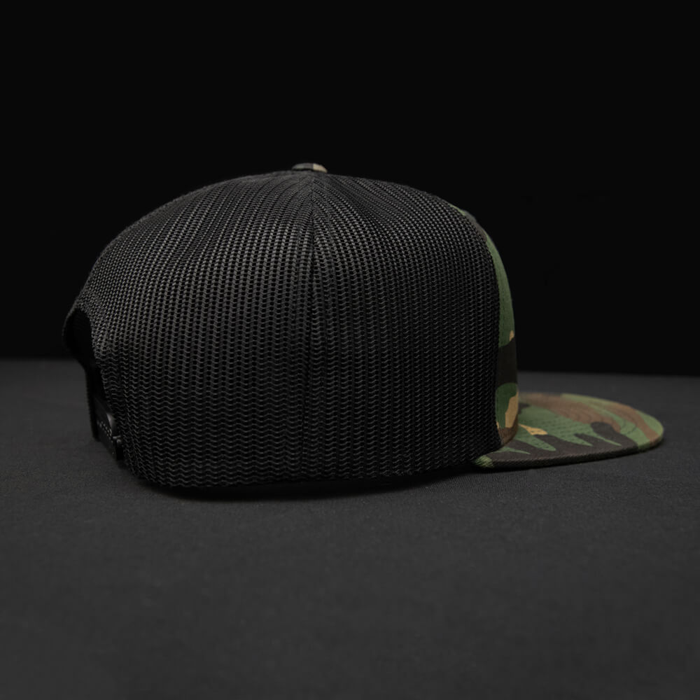 Woodland Camo - Black flat bill trucker hat snapback rear view