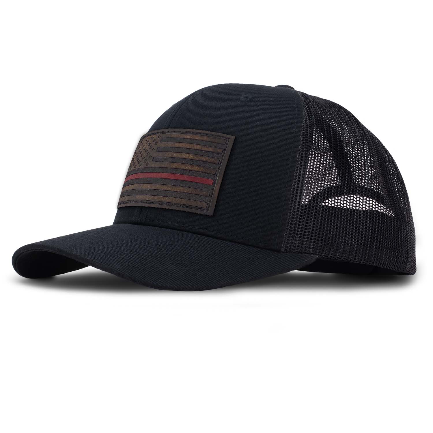 Revolution Mfg Thin Red Line full grain leather American flag patch on a classic black trucker hat with black mesh