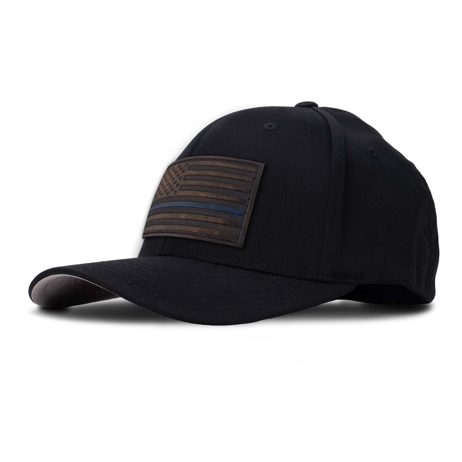 Revolution Mfg all black curved bill  FlexFit hat featuring our Thin Blue Line American Flag full grain leather patch.