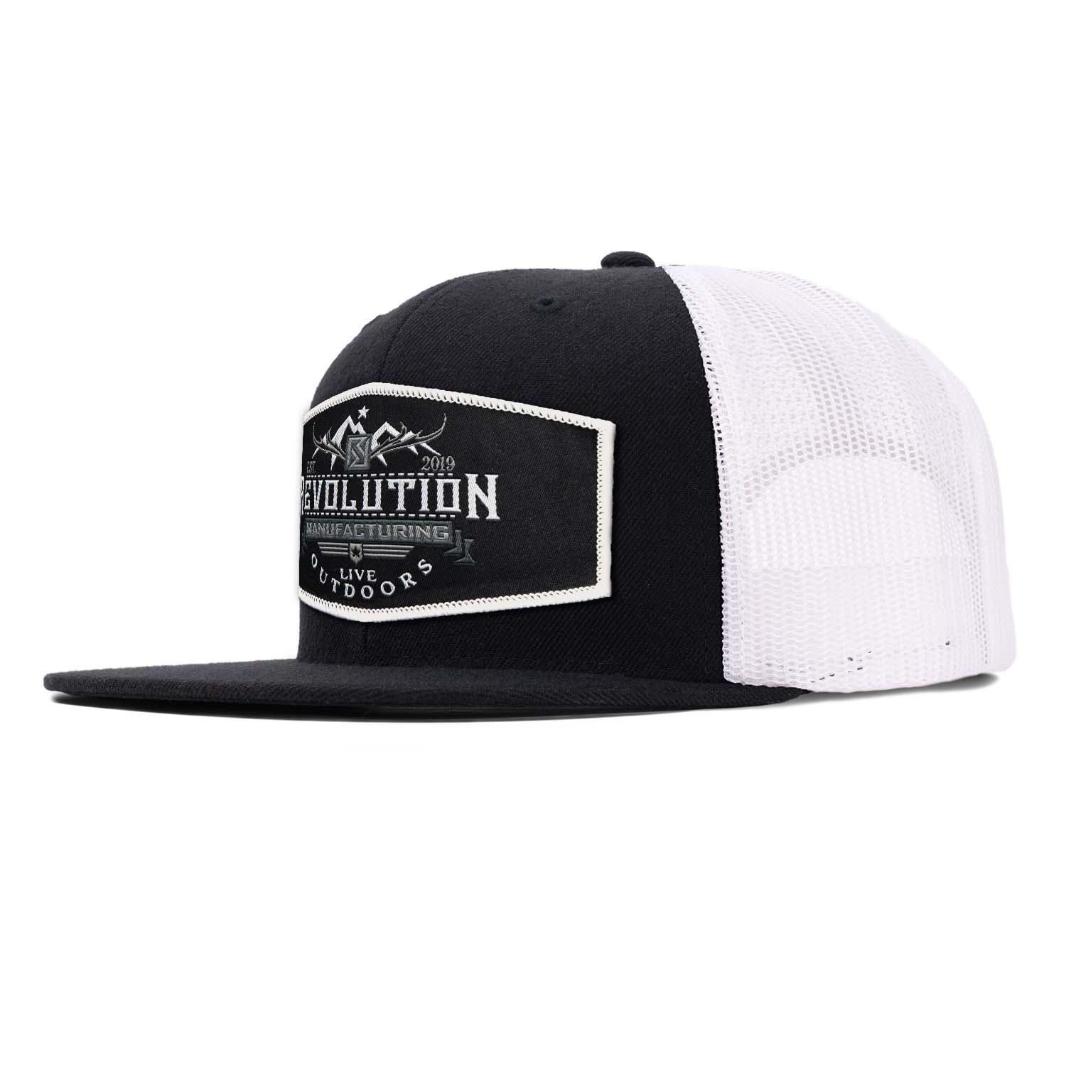 Classic flat bill trucker hat in black with white mesh with a black with white border Revolution Mfg Live Outdoors woven patch