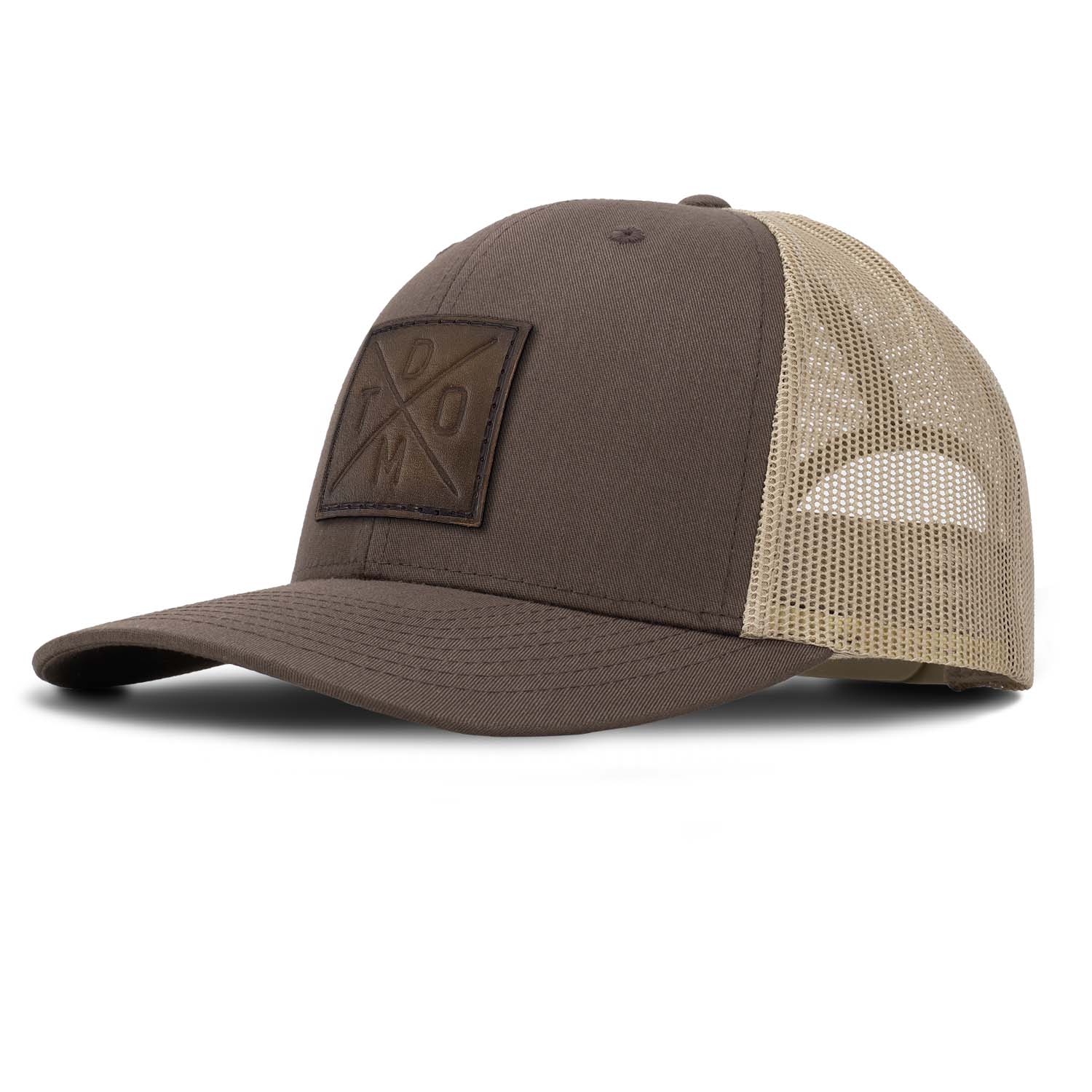 Revolution Mfg full grain leather debossed don't tread on me DTOM patch on a brown trucker hat with khaki mesh
