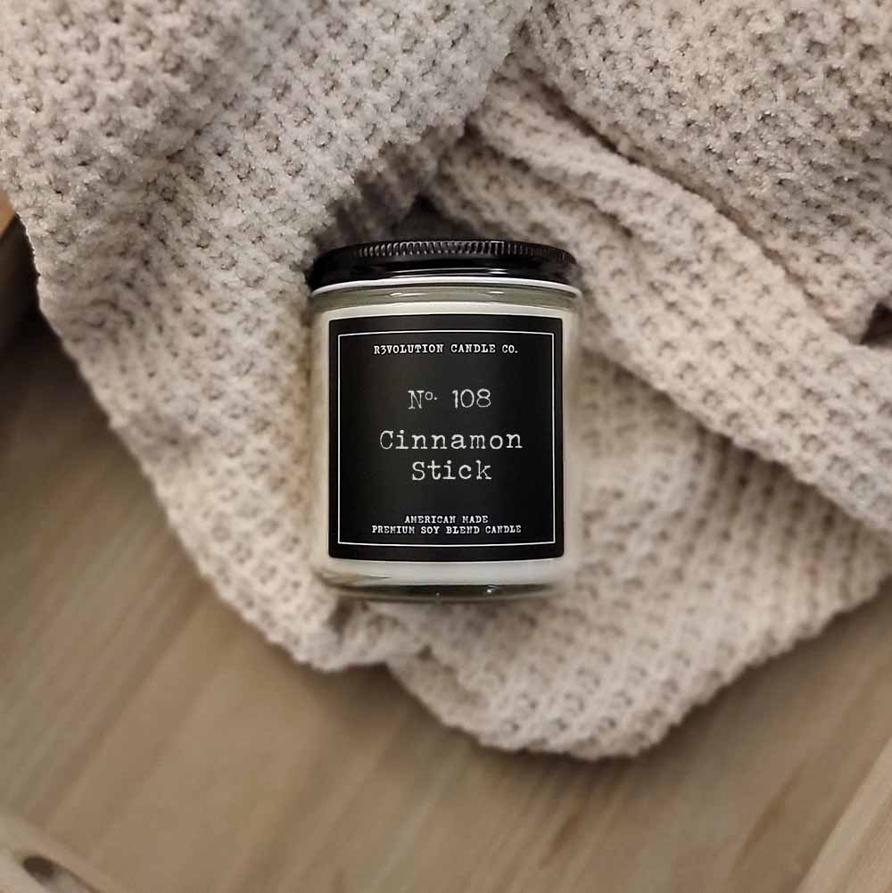 American Made Classic Collection Cinnamon Stick scented soy blend candle-black and white label-glass jar with black lid