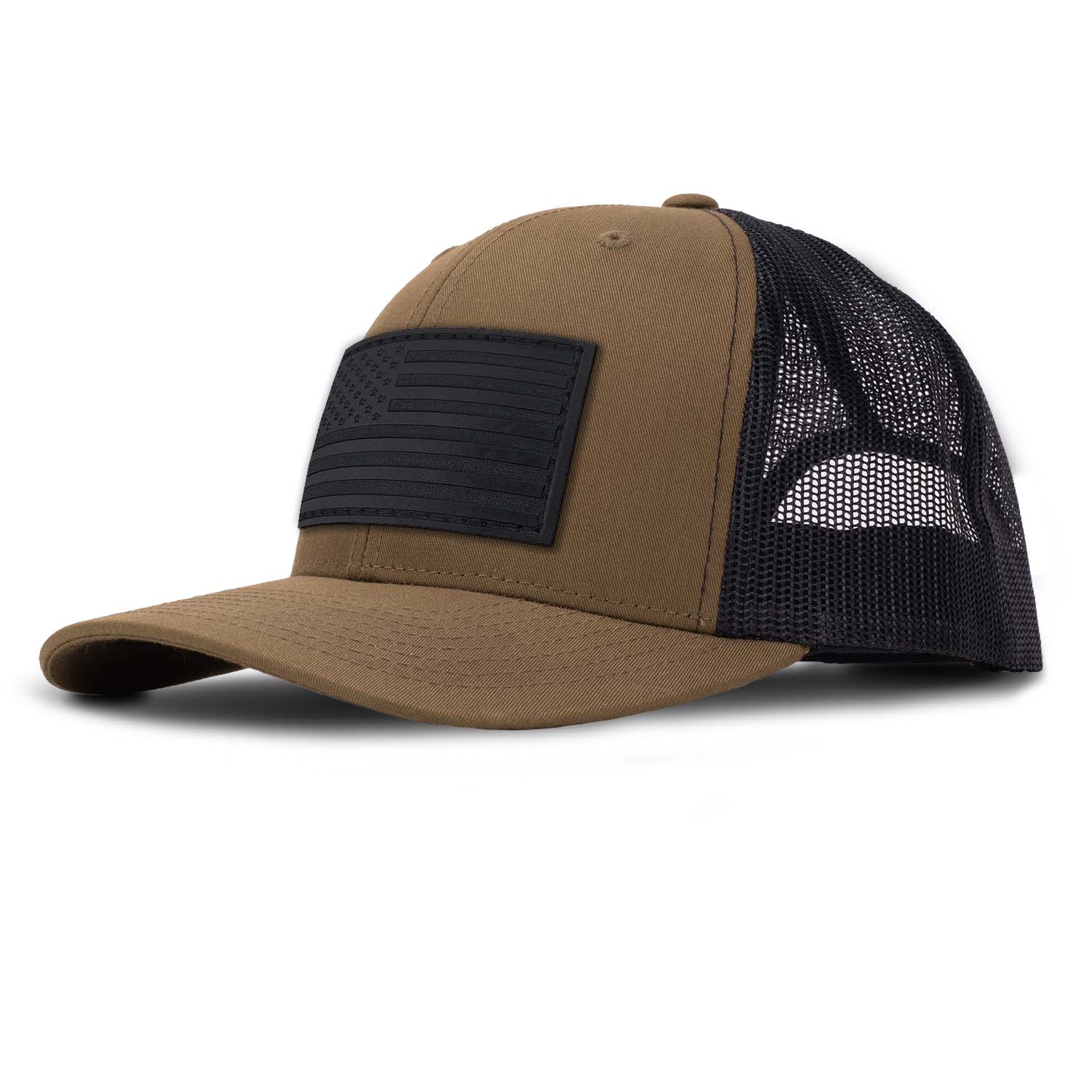 Revolution Mfg full grain black leather American Flag patch on a coyote brown with black mesh classic mid-profile, curved bill trucker hat