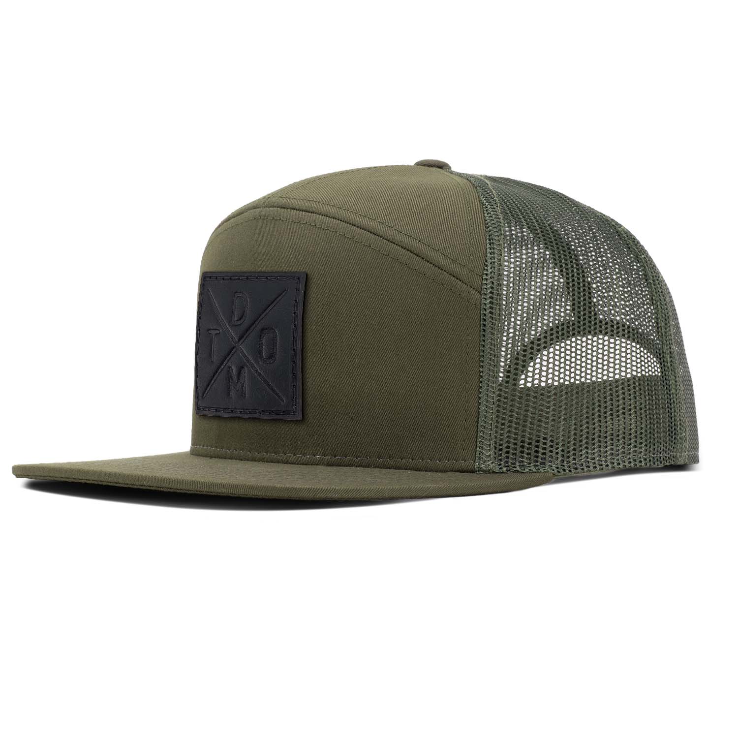 Revolution Mfg dark loden with loden mesh 7 panel trucker featuring our black DTOM debossed full grain leather patch.