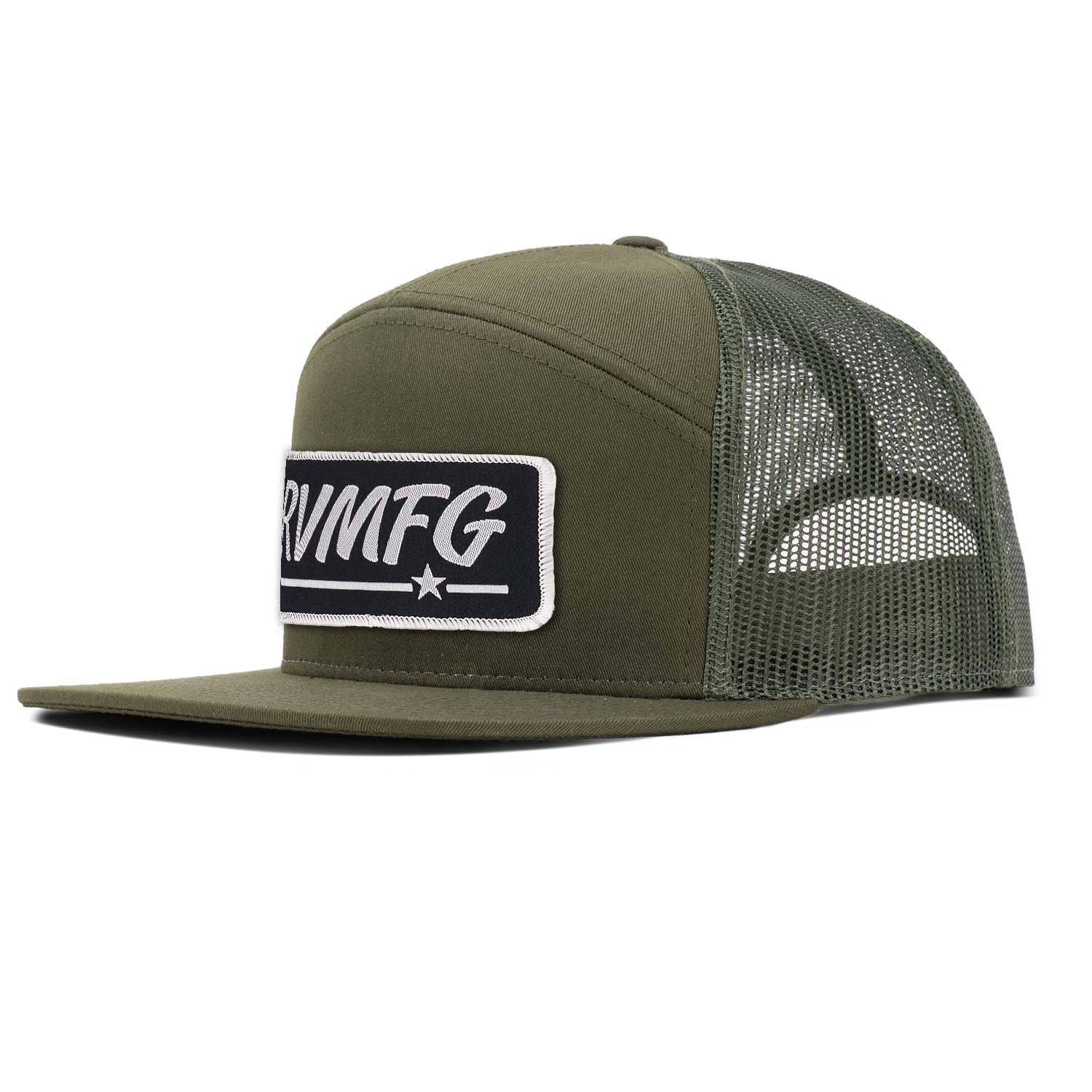Revolution Mfg all loden green 7 panel flat bill with black RVMFG woven patch with white letters and white border