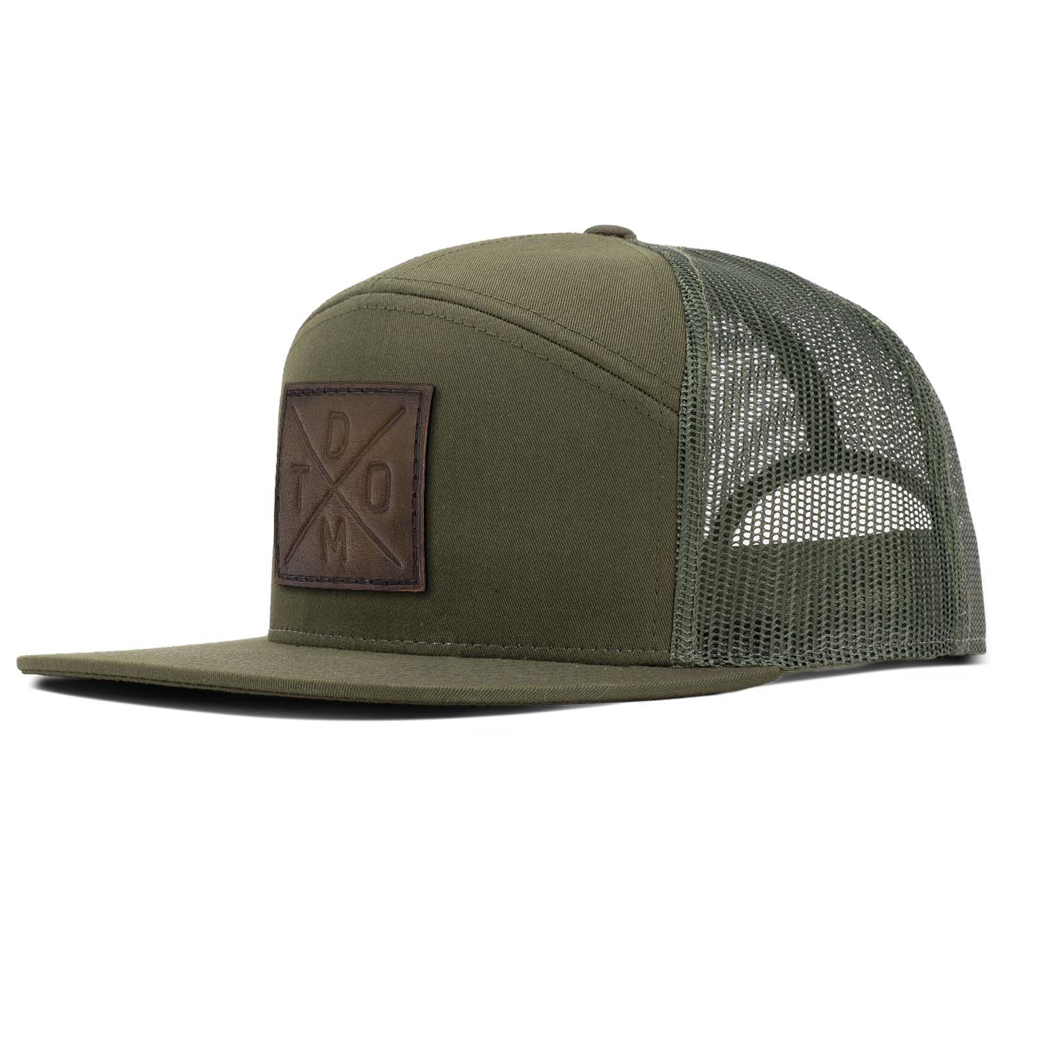 Revolution Mfg dark loden with loden mesh 7 panel trucker featuring our original DTOM debossed full grain leather patch.