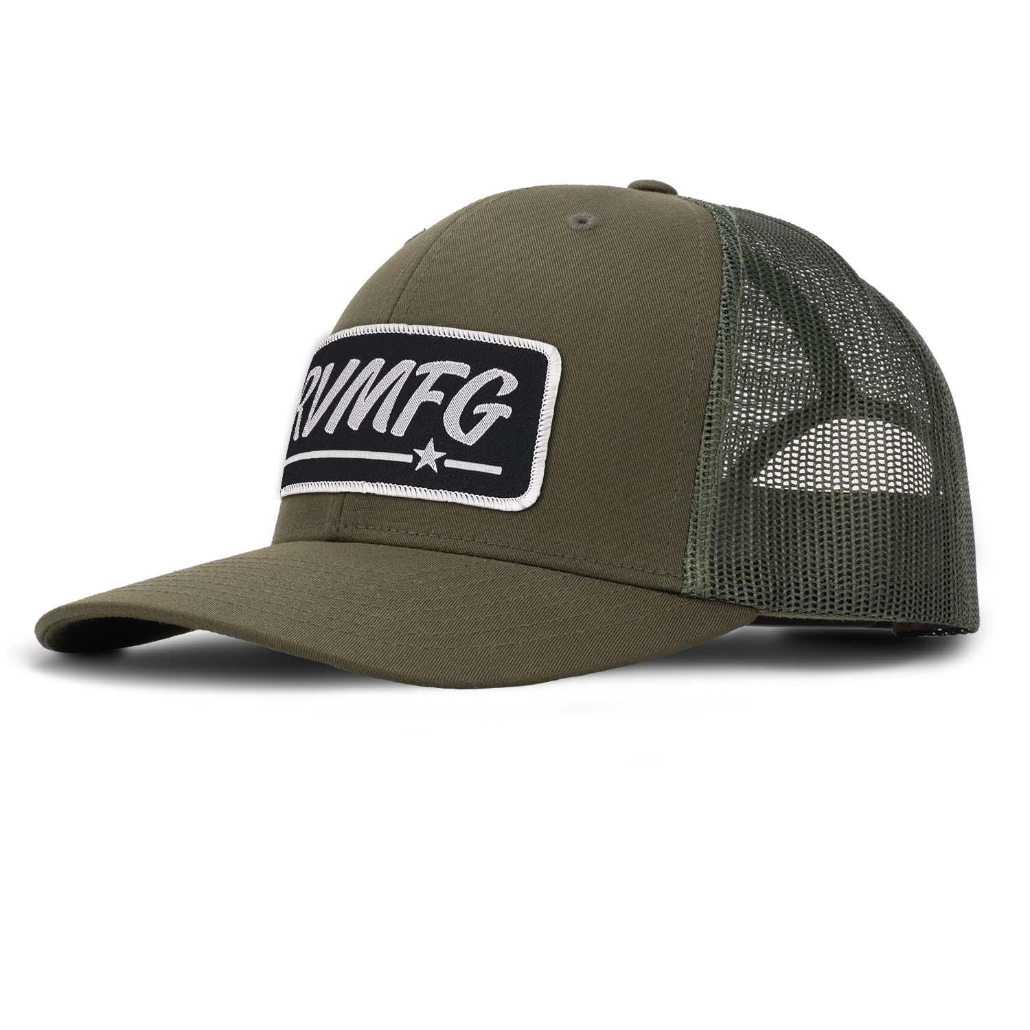 Revolution Mfg classic trucker hat in dark loden with loden mesh with a black woven RVMFG patch with white letters and a white border