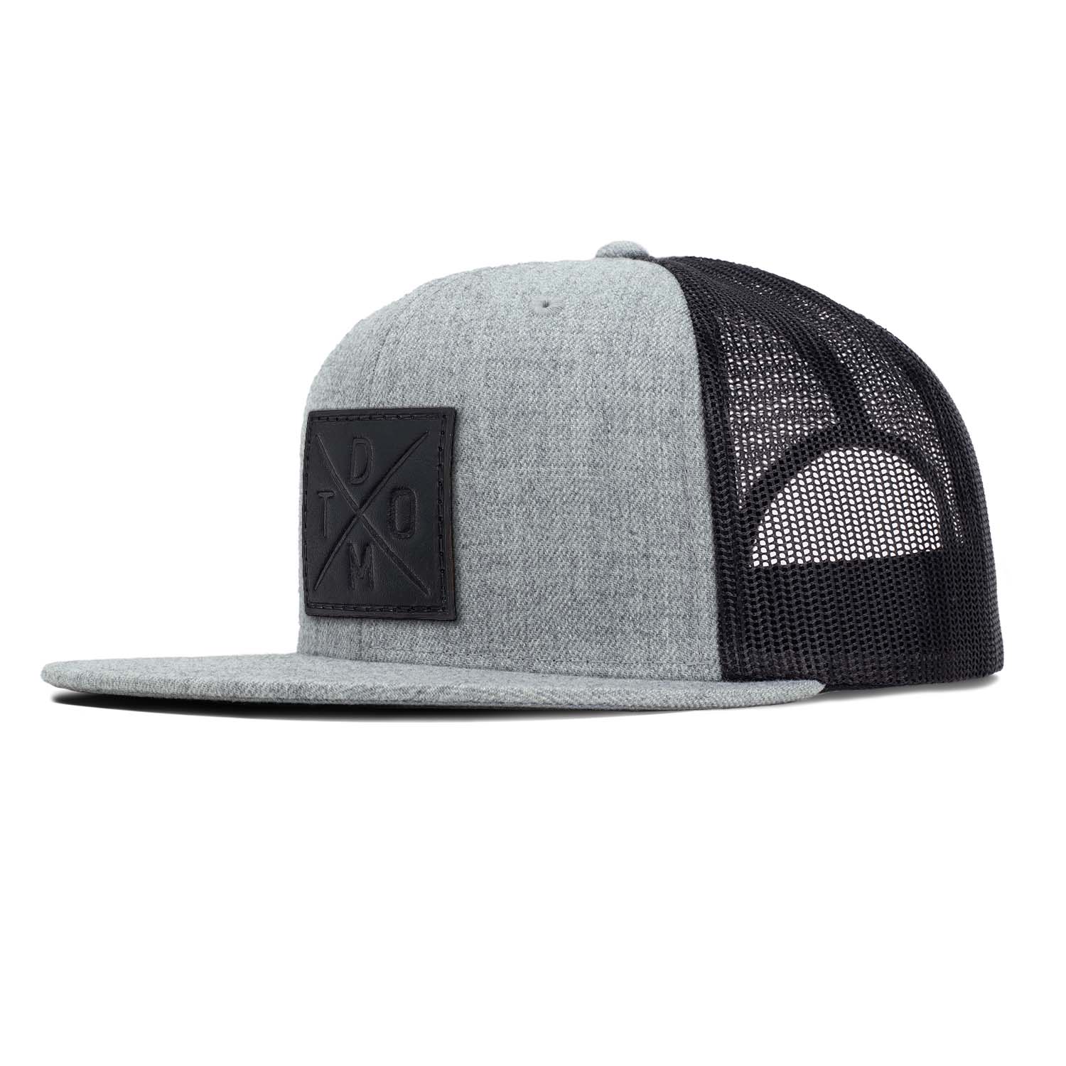 Black full grain leather debossed square DTOM patch on a heather gray flat bill hat with black mesh