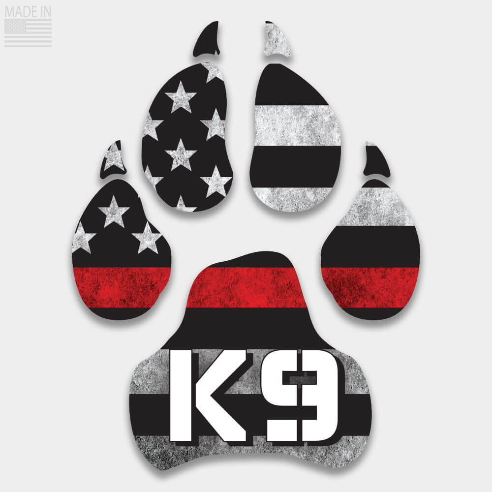 Die cut Thin Red Line Flag K-9 dog paw decal with horizontal flag