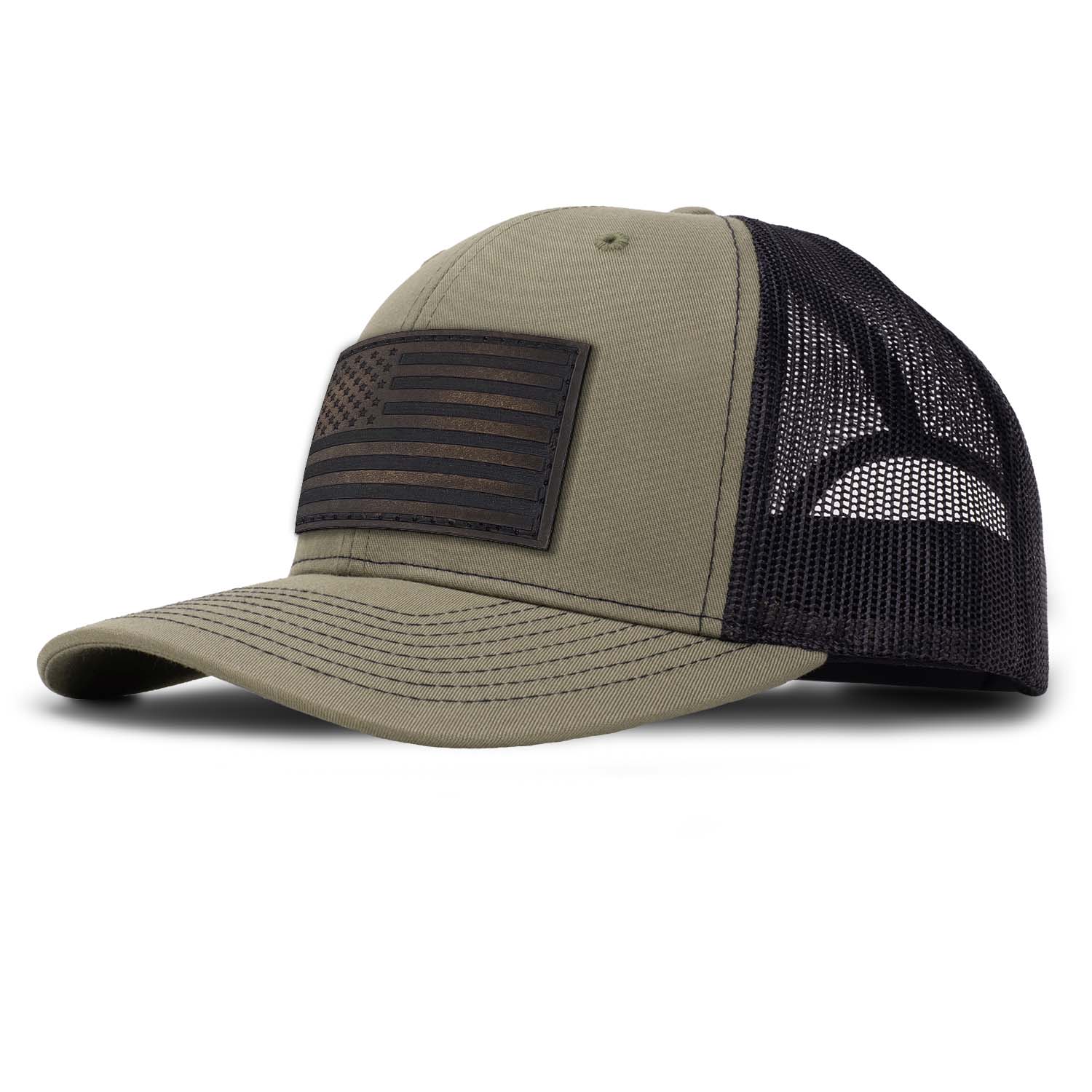 Revolution Mfg classic trucker hat in loden with black mesh with a dark brown full grain leather American flag patch