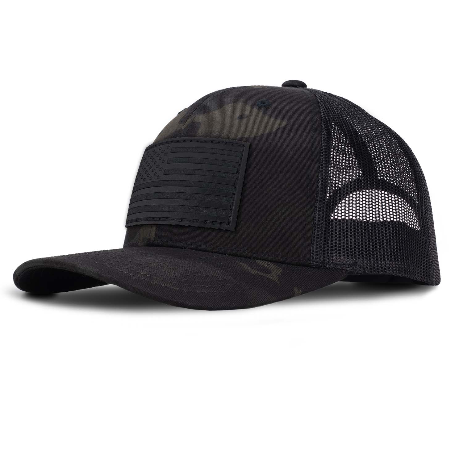 Revolution Mfg full grain black leather American Flag patch on a multicam black camo with black mesh classic mid-profile, curved bill trucker hat