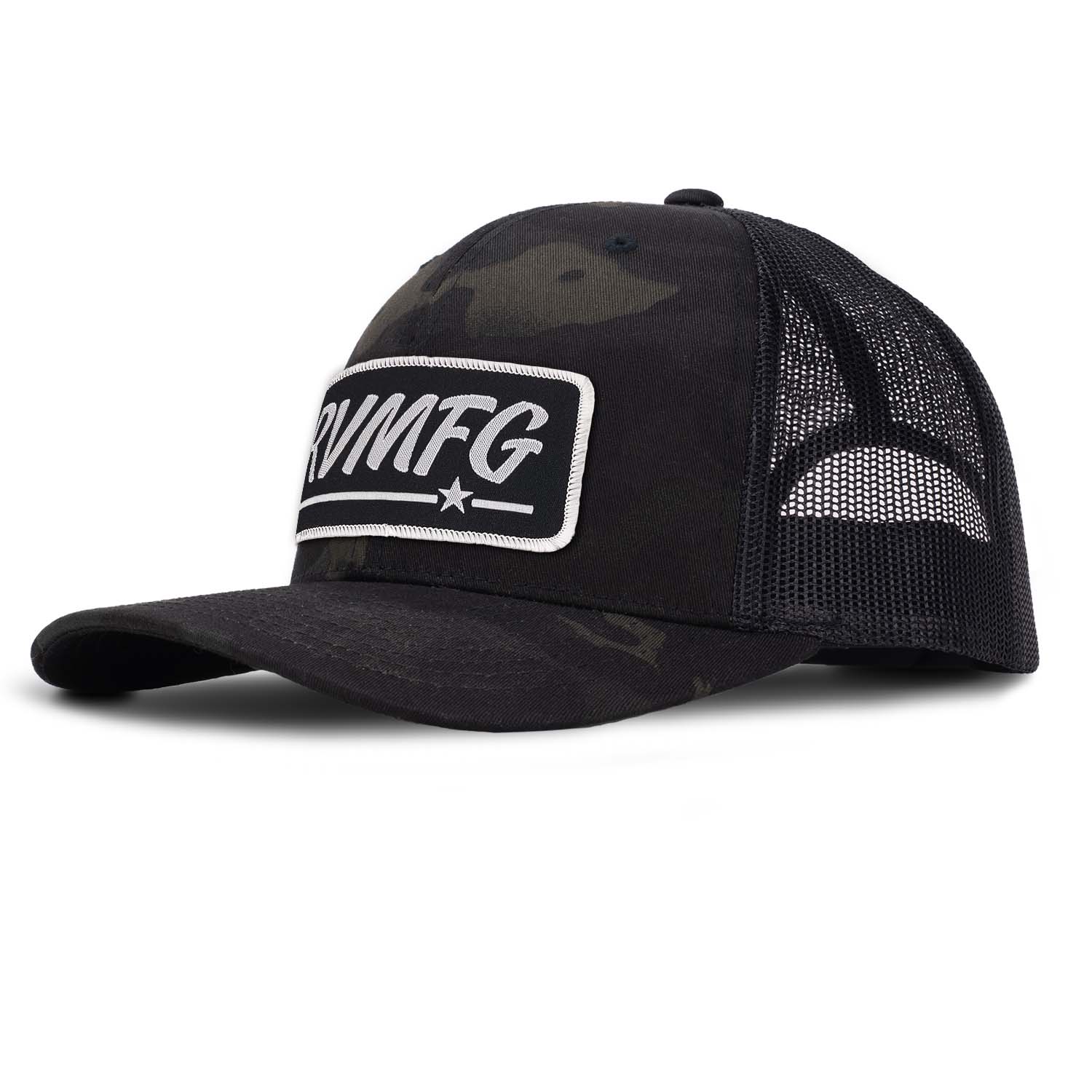 Shop | RVMFG Camo Classic Trucker Hat | Revolution Mfg Multicam Black | Black / Black Patch