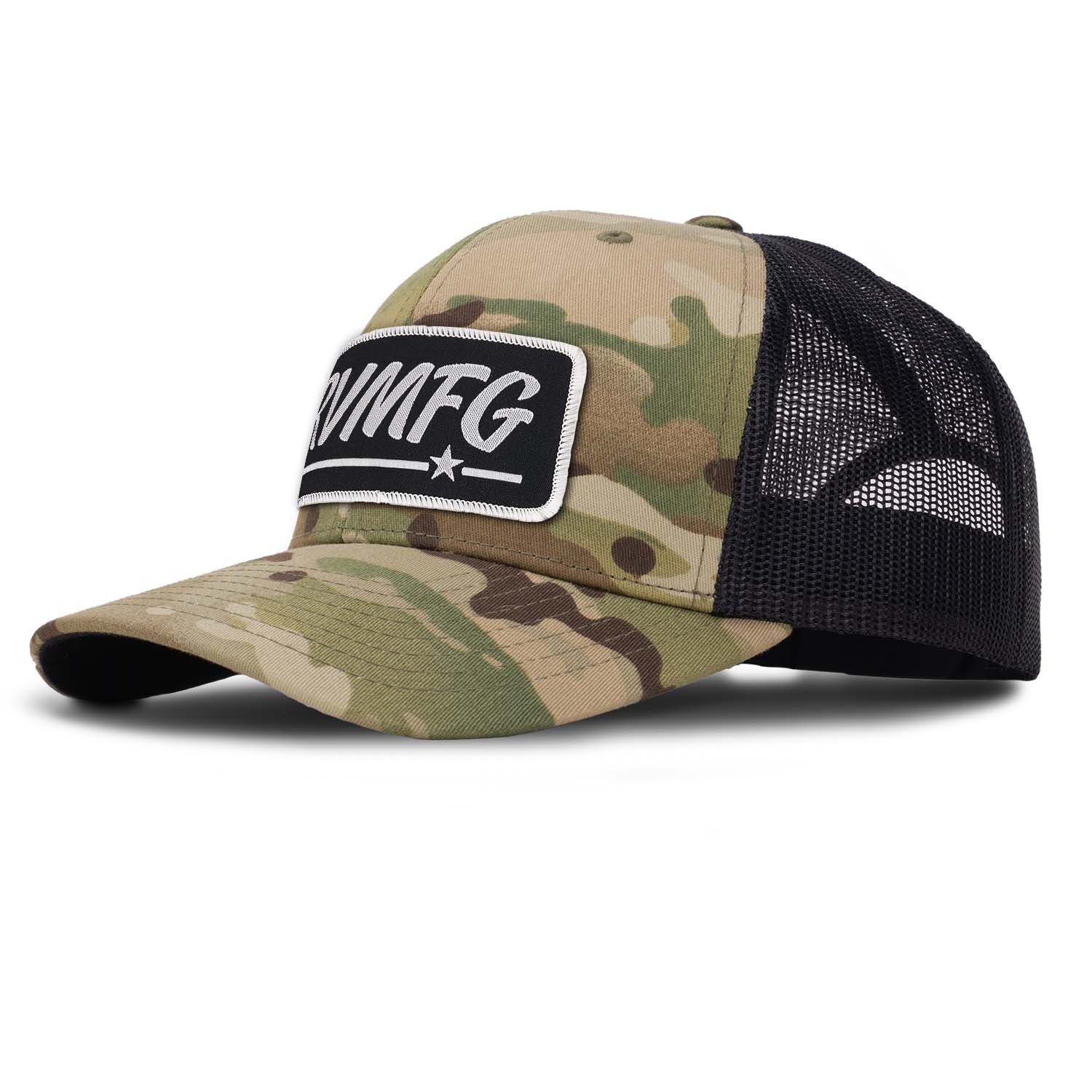 Revolution Mfg classic trucker hat in multicam camo with black mesh with a black woven RVMFG patch with white letters and a white border