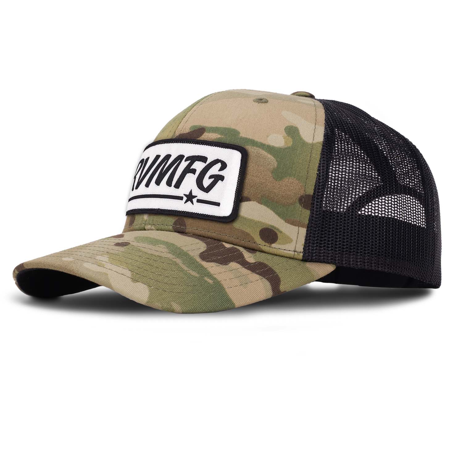 Revolution Mfg classic trucker hat in multicam camo with black mesh with a white woven RVMFG patch with black letters and a black border