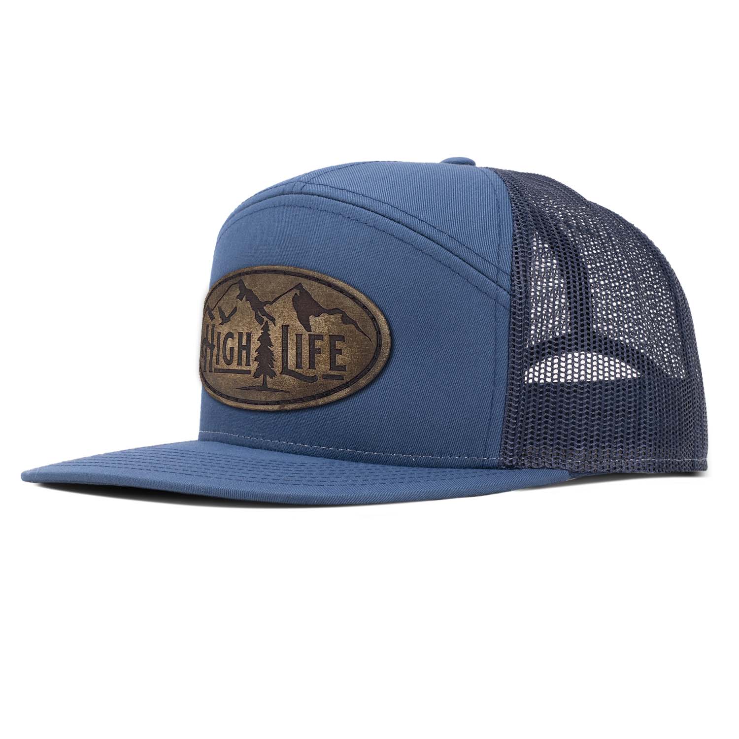 Revolution Mfg navy 7 panel trucker hat with navy mesh featuring our full grain leather vintage finish High Life patch stitched on the seamless front panel