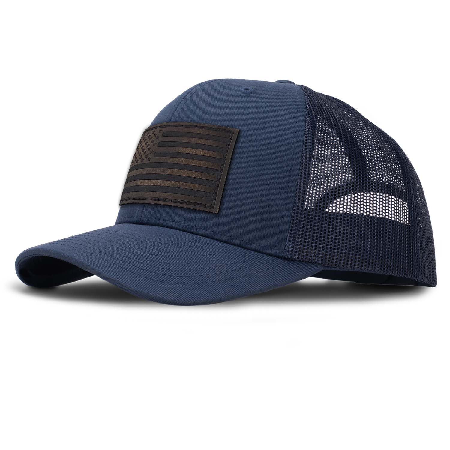 Revolution Mfg classic trucker hat in navy with navy mesh with a dark brown full grain leather American flag patch