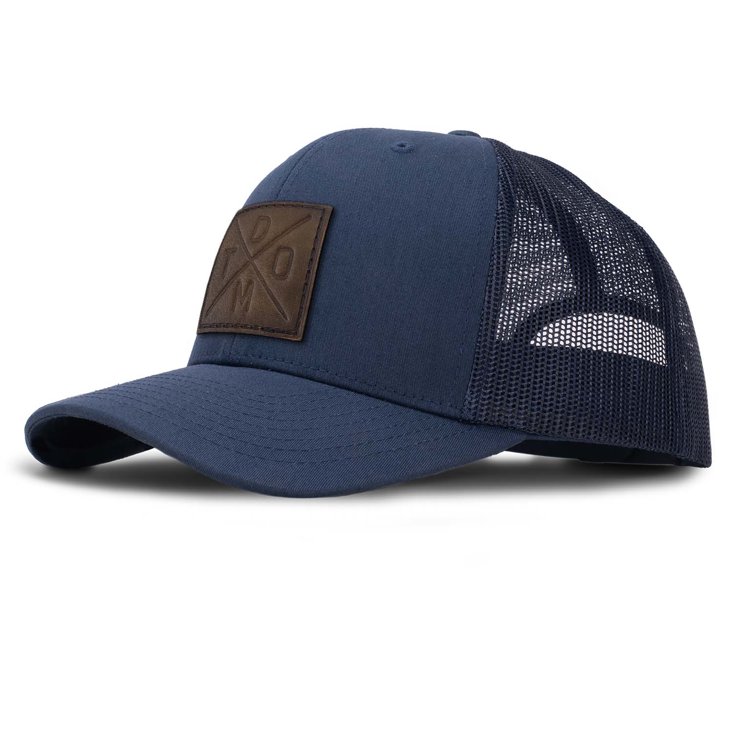Revolution Mfg full grain leather debossed don't tread on me DTOM patch on a navy trucker hat with navy mesh