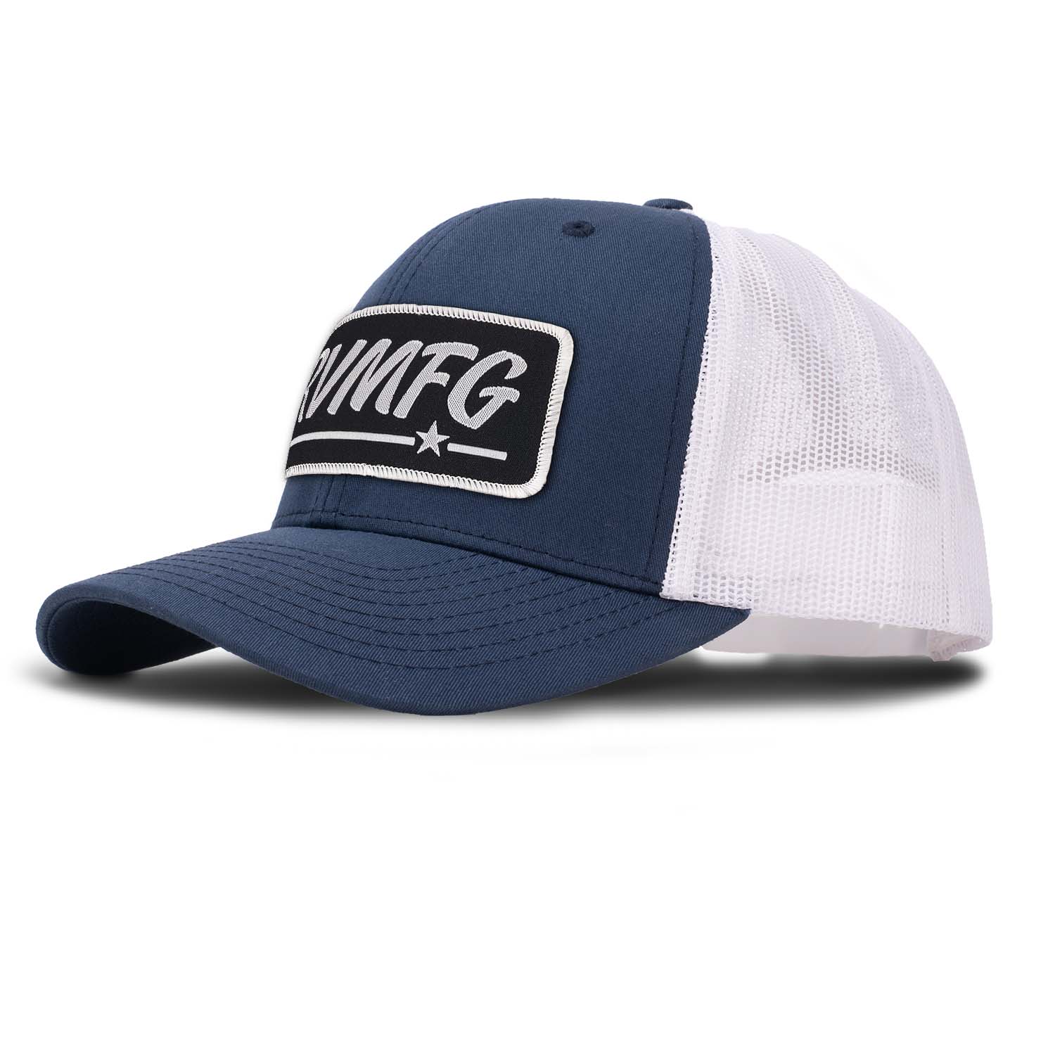 Revolution Mfg classic trucker hat in navy with white mesh with a black woven RVMFG patch with white letters and a white border