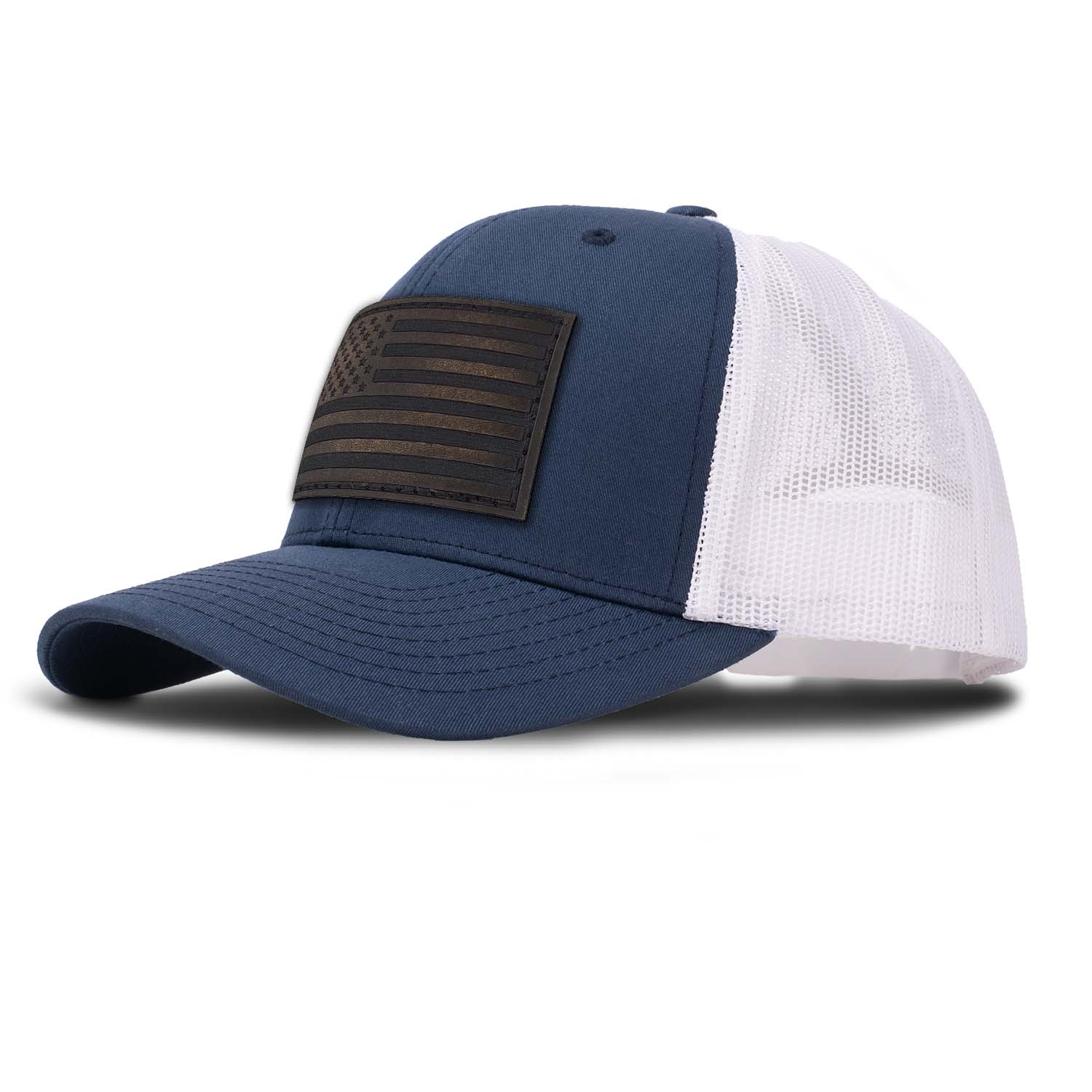 Revolution Mfg classic trucker hat in navy with white mesh with a dark brown full grain leather American flag patch