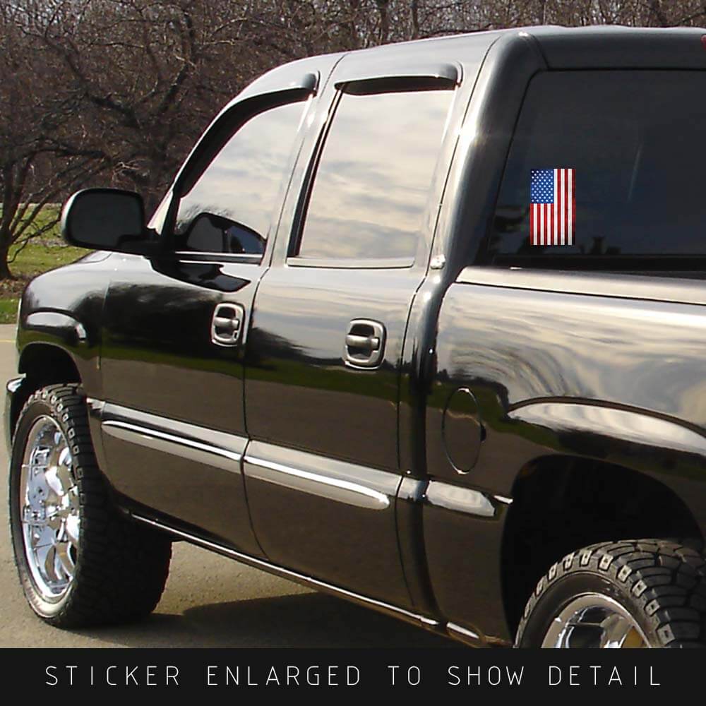 American Made Distressed Finish Red White and Blue American Flag Reverse Sticker Decal for Car or Truck made from premium vinyl shown on the back window of a black truck in vertical orientation