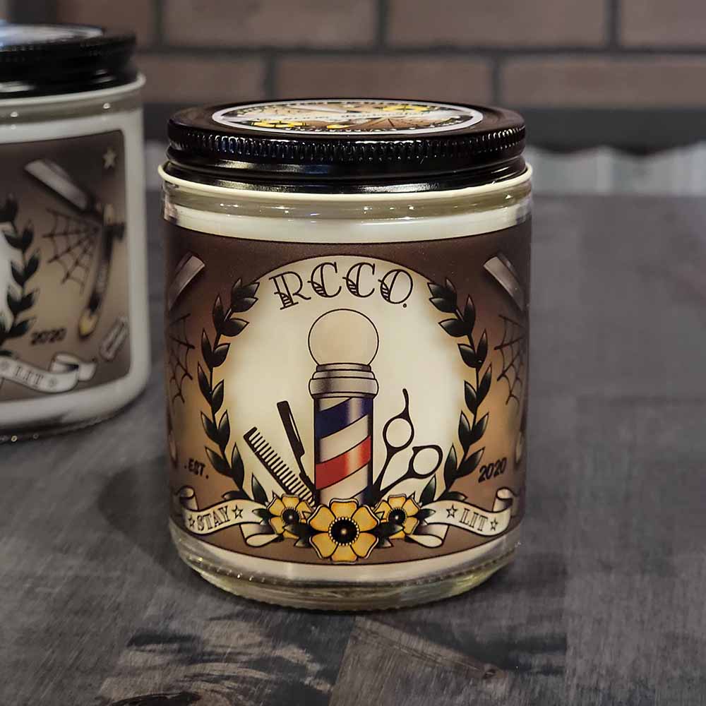 American Made-Traditional-tattoo-inspired-designs-barbershop scent-soy blend candle-revolution-candle-co 8oz size