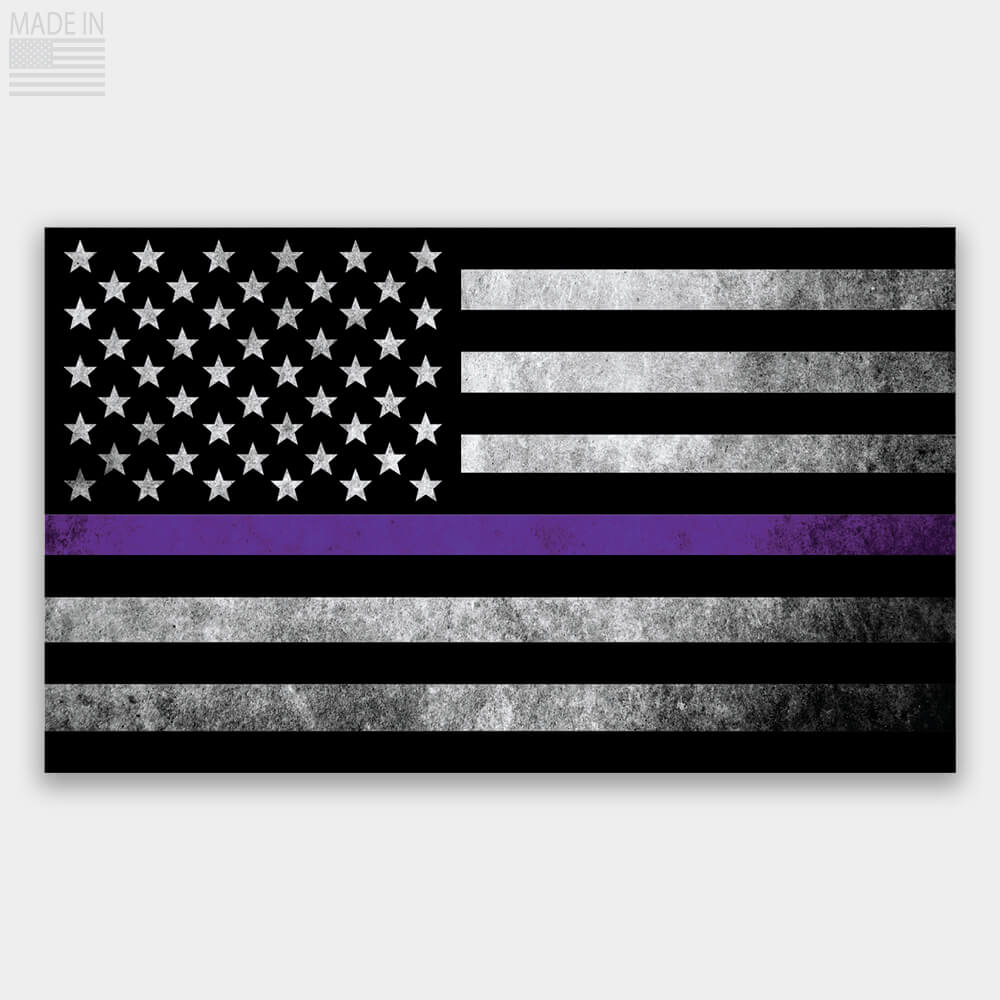 American Made standard orientation black and gray 50 star American flag with a thin purple line representing security personnel sticker decal printed on premium vinyl