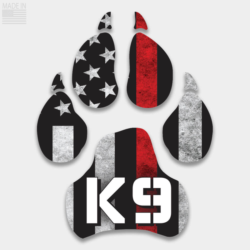 Die cut Thin Red Line Flag K-9 dog paw decal with vertical flag