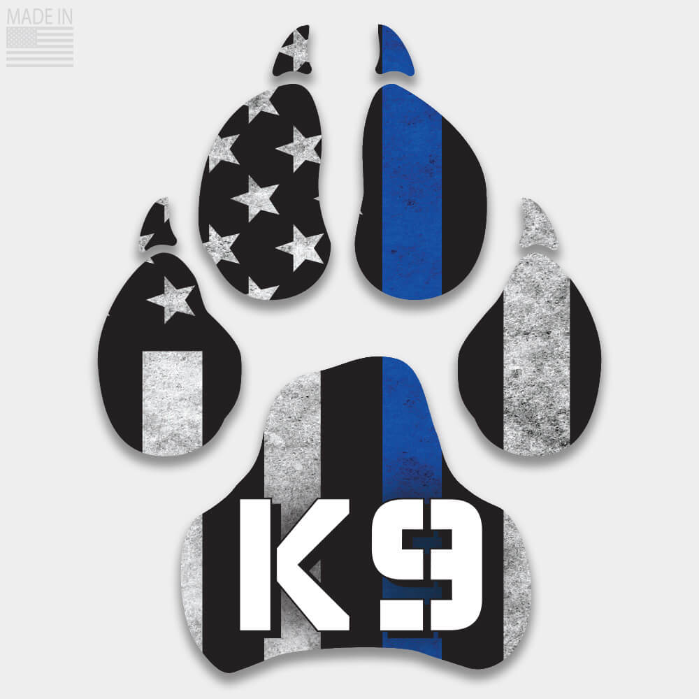Die Cut K-9 Thin Blue Line dog paw decal with vertical flag