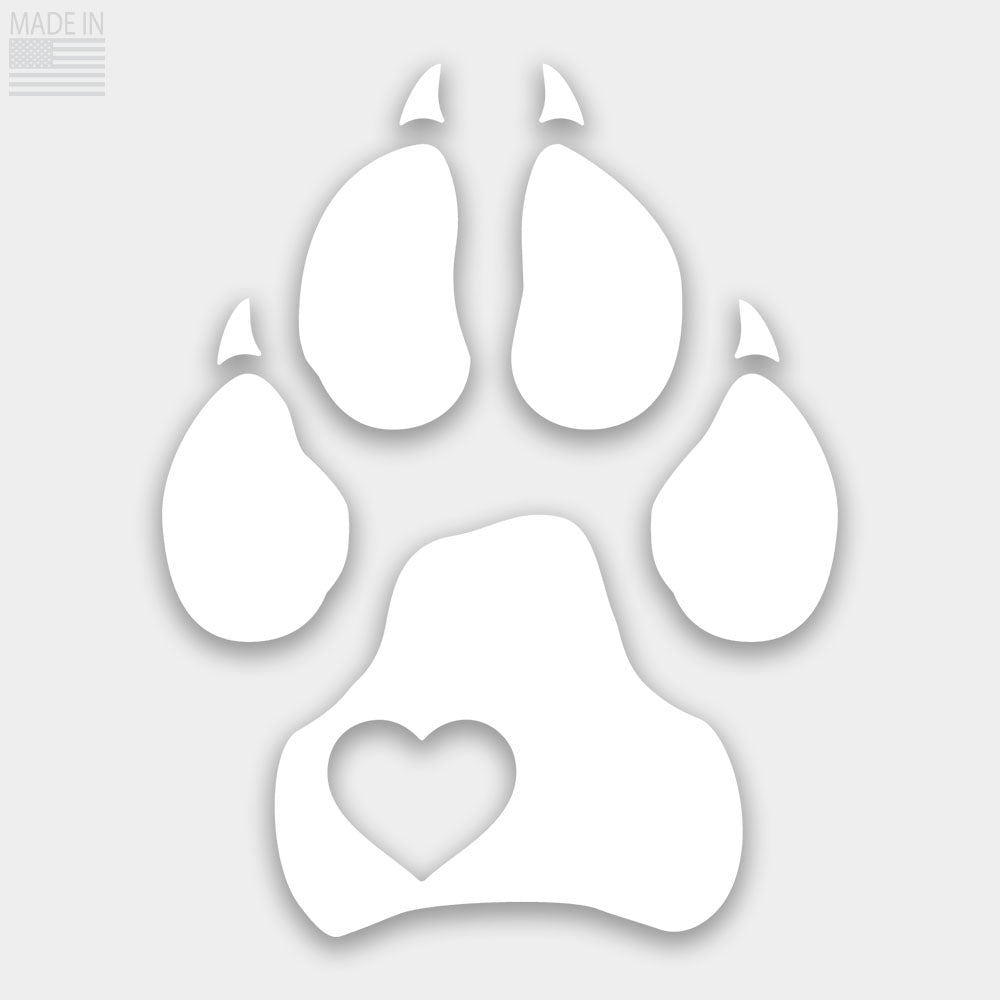Die cut white dog paw decal with a heart cut out made in USA from durable outdoor grade vinyl that is waterproof and weatherproof