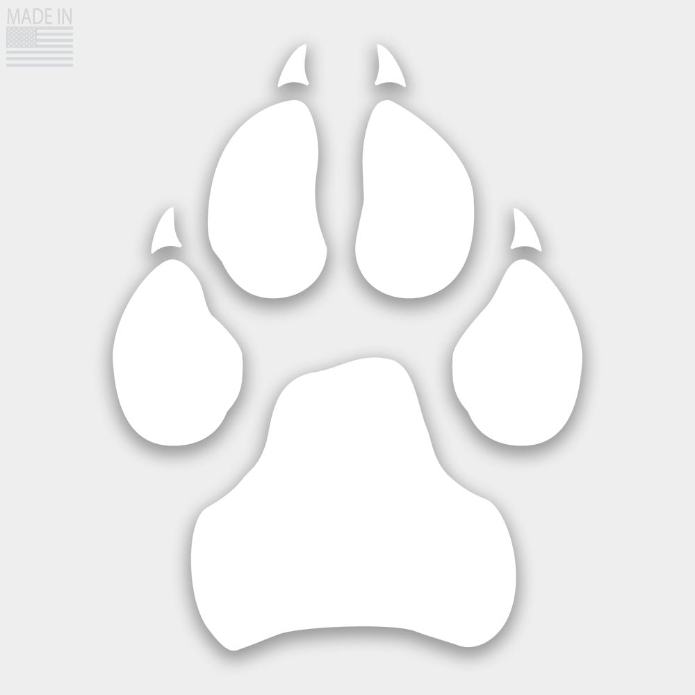 Die cut white dog paw decal made in USA from durable outdoor grade vinyl that is waterproof and weatherproof
