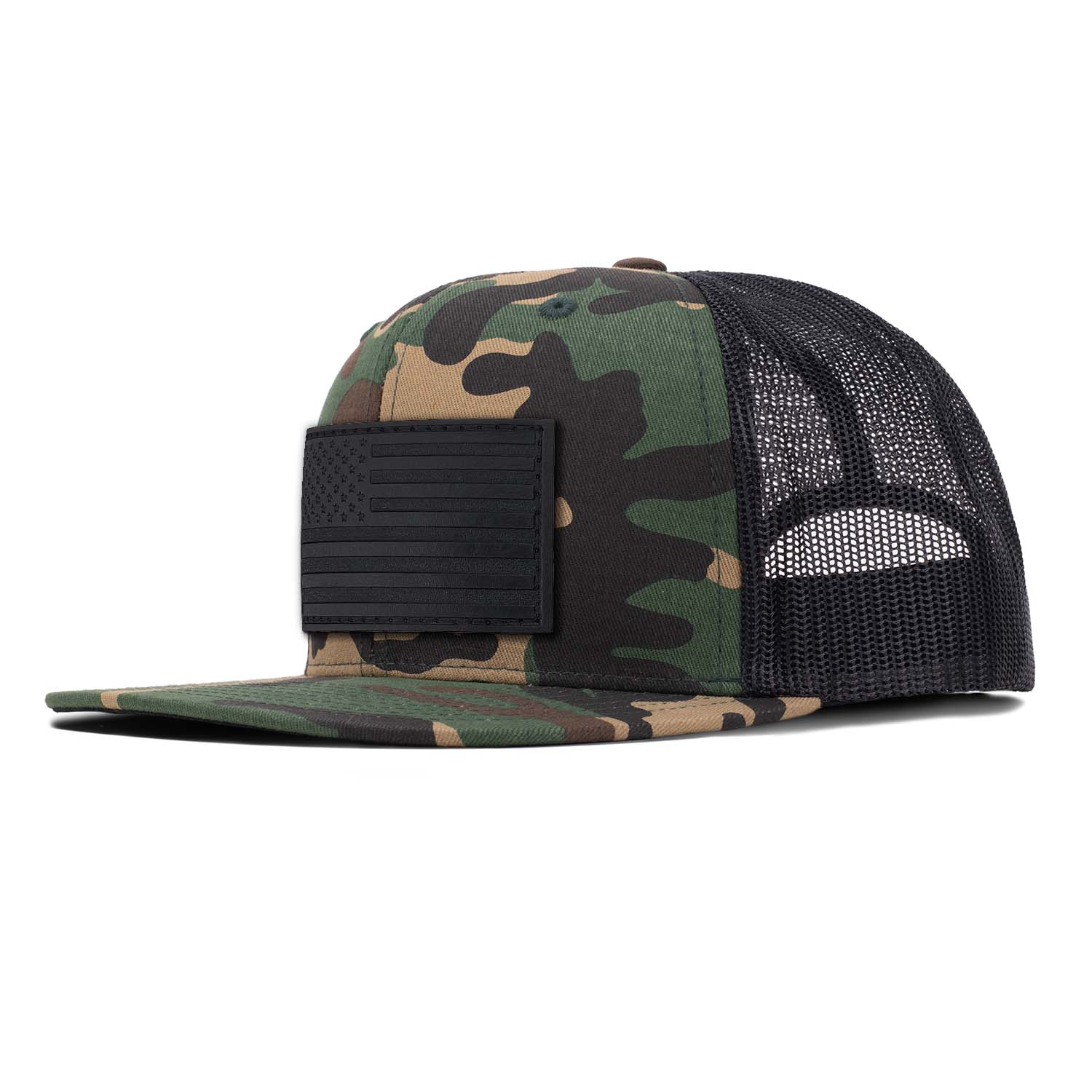 Revolution Mfg woodland camo with black mesh flat bill trucker with our black full grain leather American Flag patch on the front.
