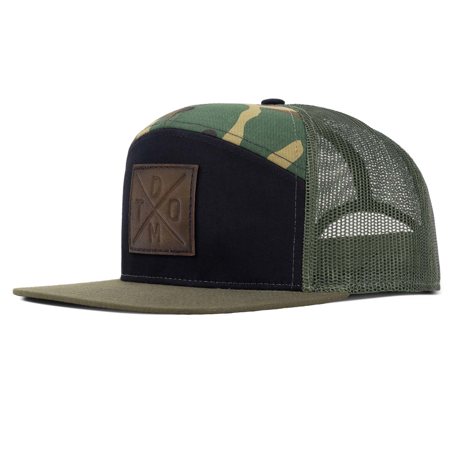 Revolution Mfg woodland camo and black with black mesh 7 panel trucker featuring our original DTOM debossed full grain leather patch.