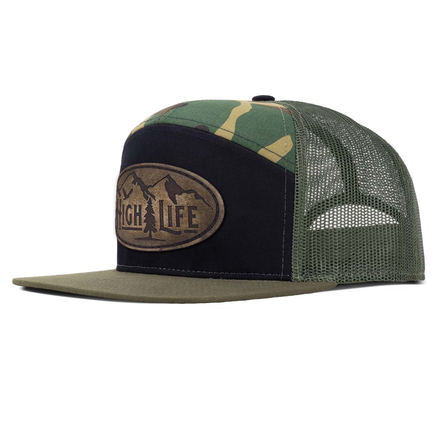 Revolution Mfg loden, black, and woodland camo 7 panel trucker hat with loden mesh featuring our full grain leather vintage finish High Life patch stitched on the seamless front panel