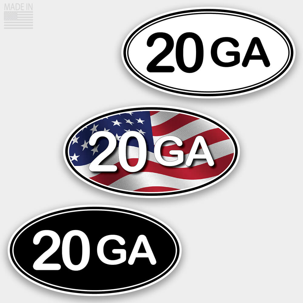 American Made Shotgun Caliber Marathon Style Oval Stickers in Black with White Text, White with Black Text, and Red White and Blue American Flag with White Text for cars and trucks 20 gauge