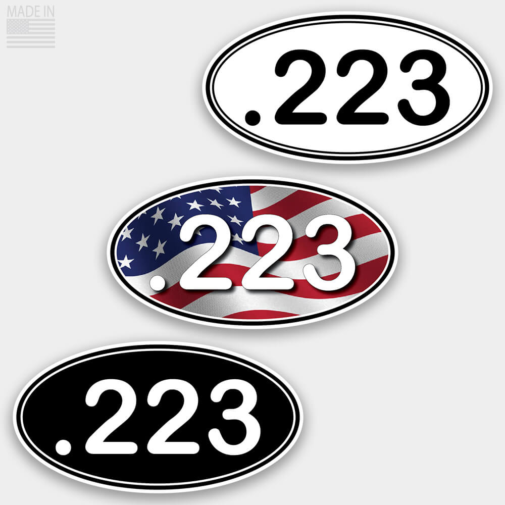 American Made Rifle Caliber Marathon Style Oval Stickers in Black with White Text, White with Black Text, and Red White and Blue American Flag with White Text for cars and trucks in .223
