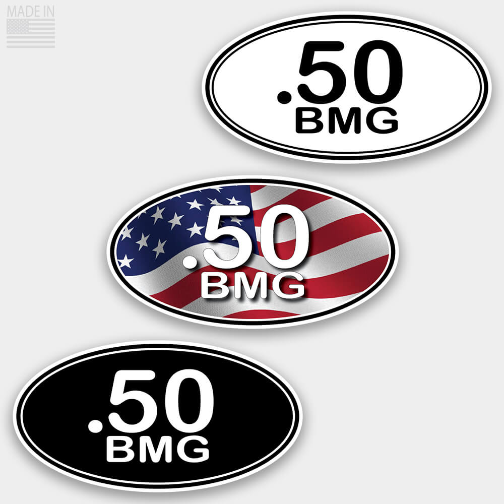 American Made Rifle Caliber Marathon Style Oval Stickers in Black with White Text, White with Black Text, and Red White and Blue American Flag with White Text for cars and trucks in .50 BMG